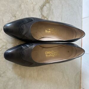 Salvatore Ferragamo Black Leather Flats with Brogue Detailing